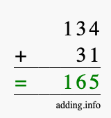 Calculate 134 + 31 using long addition