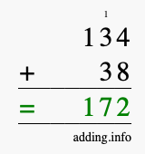 Calculate 134 + 38 using long addition