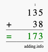 Calculate 135 + 38 using long addition
