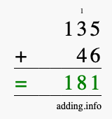 Calculate 135 + 46 using long addition