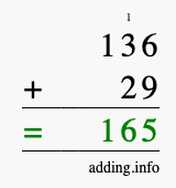 Calculate 136 + 29 using long addition