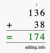 Calculate 136 + 38 using long addition