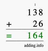 Calculate 138 + 26 using long addition