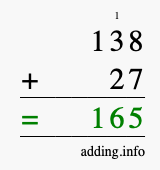 Calculate 138 + 27 using long addition