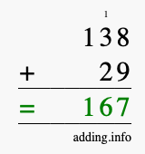 Calculate 138 + 29 using long addition