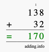 Calculate 138 + 32 using long addition