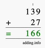 Calculate 139 + 27 using long addition
