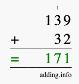 Calculate 139 plus 32 using long addition Calculate 139 + 32 using long addition