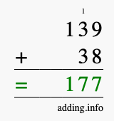 Calculate 139 + 38 using long addition