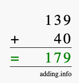 Calculate 139 + 40 using long addition