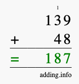 Calculate 139 + 48 using long addition