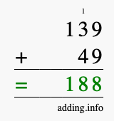 Calculate 139 + 49 using long addition