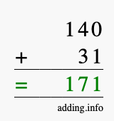 Calculate 140 + 31 using long addition