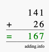 Calculate 141 + 26 using long addition