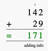 Calculate 142 + 29 using long addition