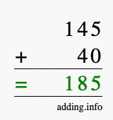 Calculate 145 + 40 using long addition