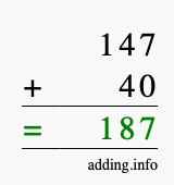 Calculate 147 + 40 using long addition