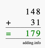 Calculate 148 + 31 using long addition
