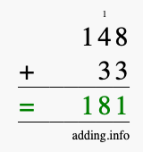 Calculate 148 + 33 using long addition