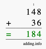Calculate 148 + 36 using long addition