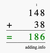 Calculate 148 + 38 using long addition