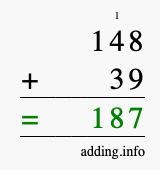 Calculate 148 + 39 using long addition