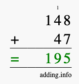 Calculate 148 + 47 using long addition