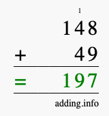 Calculate 148 + 49 using long addition