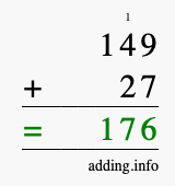 Calculate 149 + 27 using long addition