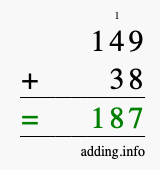 Calculate 149 + 38 using long addition
