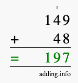 Calculate 149 + 48 using long addition