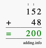 Calculate 152 + 48 using long addition