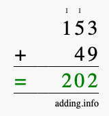Calculate 153 + 49 using long addition