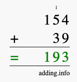 Calculate 154 + 39 using long addition