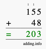 Calculate 155 + 48 using long addition