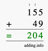 Calculate 155 + 49 using long addition