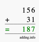 Calculate 156 + 31 using long addition