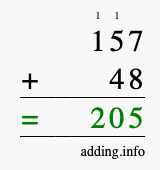 Calculate 157 + 48 using long addition