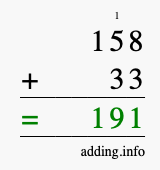 Calculate 158 + 33 using long addition