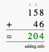Calculate 158 + 46 using long addition