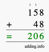 Calculate 158 + 48 using long addition
