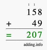 Calculate 158 + 49 using long addition