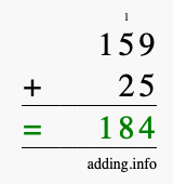 Calculate 159 + 25 using long addition