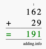 Calculate 162 + 29 using long addition