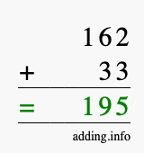 Calculate 162 + 33 using long addition