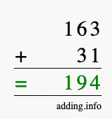 Calculate 163 + 31 using long addition