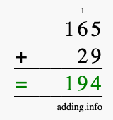 Calculate 165 + 29 using long addition