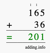 Calculate 165 + 36 using long addition