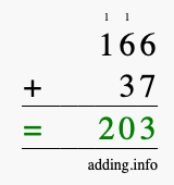 Calculate 166 + 37 using long addition
