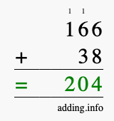 Calculate 166 + 38 using long addition